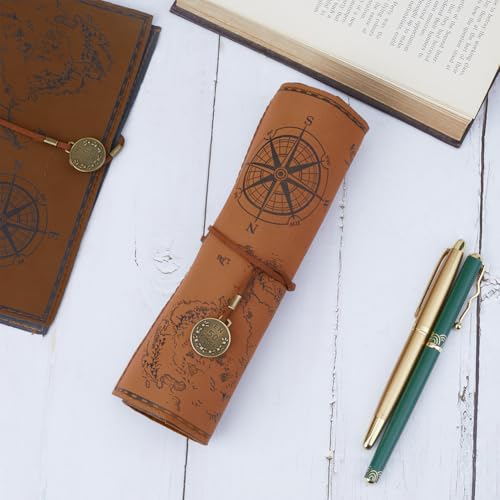 Image of GORGECRAFT PU Leather Pencil Bag Strap Vintage Treasure Map Compass Cover Rollup Storage Organizer Retro Portable Stationery Pouch Pen Bag Wrap Roll Case Holder for Artist Drawing Makeup Light Camel