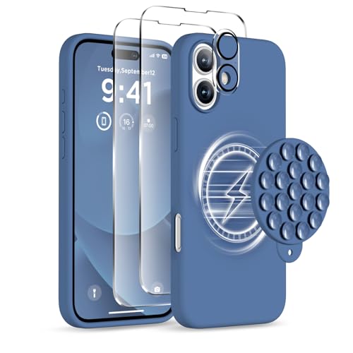 Image of Magnetic for iPhone 16 Case, Compatible with Magsafe, Suction Cup Phone Mount, [2 Screen Protectors][Camera Lens Protector] Silicone Shockproof Protective Slim Phone Cover 6.1 inch, Azure Blue