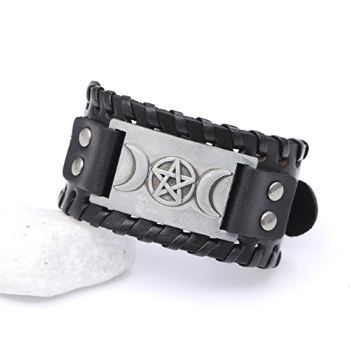 Vassago Vintage Pagan Triple Moon Goddess Pentacle Pentagram Metal Amulet Cuff Leather Bracelet (Black Leather, Antique Silver) #TOP1