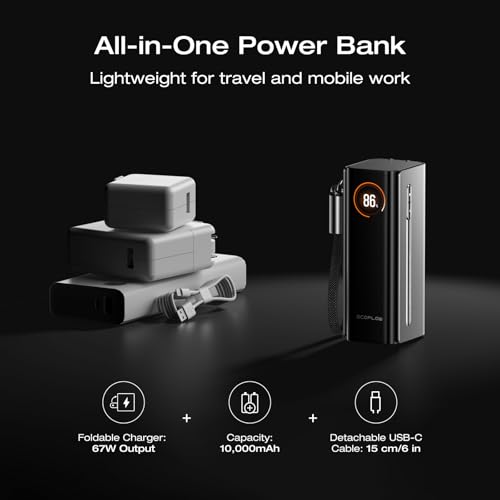 Image of EF ECOFLOW RAPID Pro Power Bank with 67W Wall Plug, 10,000mAh 3-in-1 Portable Charger with Built-in USB-C Cable, 45W Fast Recharging, Travel Essentials for iPhone 17 /16 Series, Galaxy, Laptops, and More