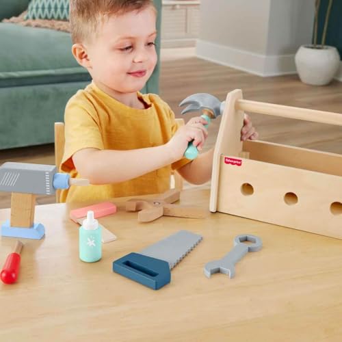 Fisher-Price Wood Pretend Play Toy Tool Box with Drill, 9-Piece Wooden Set for Building Construction Play Preschool Kids Ages 3+ Years - image 2