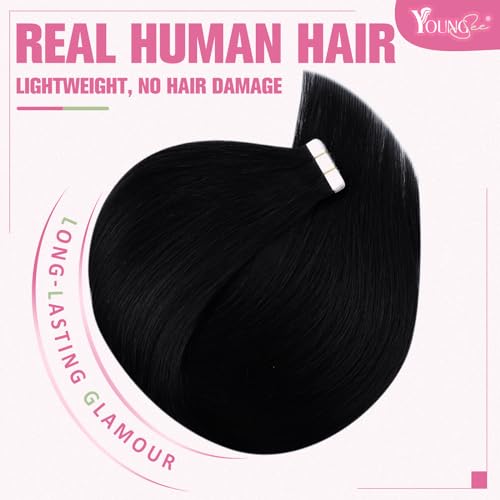 Image of YoungSee 28 Inch Tape in Hair Extensions Human Hair Black Tape in Extensions Real Human Hair Black Girl Tape ins Human Hair Extension for Long Hair 50g 20pcs