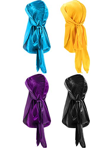 Tatuo 4 Stück Herren Samt Durag mit Langem Schwanz Weiche Durag Headwraps für 360 Wellen (Farbe 4)