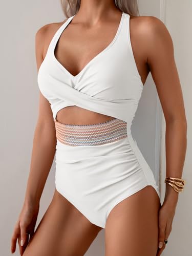 Image of B2prity One Piece Swimsuit for Women Tummy Control V Neck Bathing Suit Color Block High Waisted Cutout Swimwear
