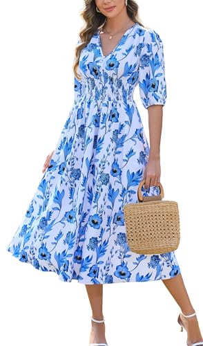 Image of Kormei Women Casual Boho V Neck 3 /4 Sleeve Smocked Waist A Line Flowy Swing Midi Dress Smocked Long Dress