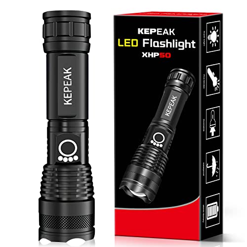 KEPEAK Rechargeable LED Flashlights, 5000 High Lumen Tactical Flashlight XHP50, Zoomable, Waterproof, 5 Light Modes Handheld Flashlight for Camping, Hiking, Emergency