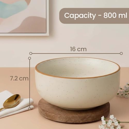 Image of The Earth Store White Matte Large Ceramic Bowl Set of 1, 800 ML | Microwave & Dishwasher Safe Serving Bowl for Mixing | Perfect for Serving Salad, Cereal, Noodle, Pasta | Home & Restaurant Use