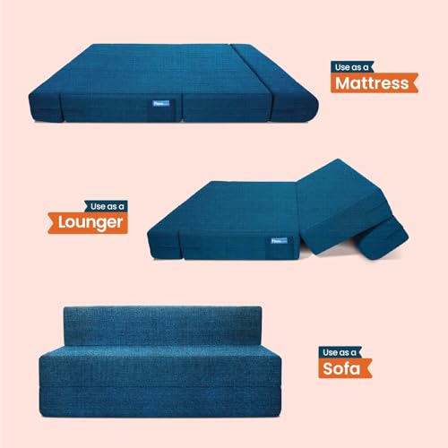 Image of Starlon 3 Seater Sofa Cum Bed Foldable 3-in-1 Sofa Bed with 1 Year Warranty, Washable Jute Fabric Cover & 2 Floral Pillows | Queen Size Guest Bed | Pre-Assembled Aqua Teal 5x6.5 Ft