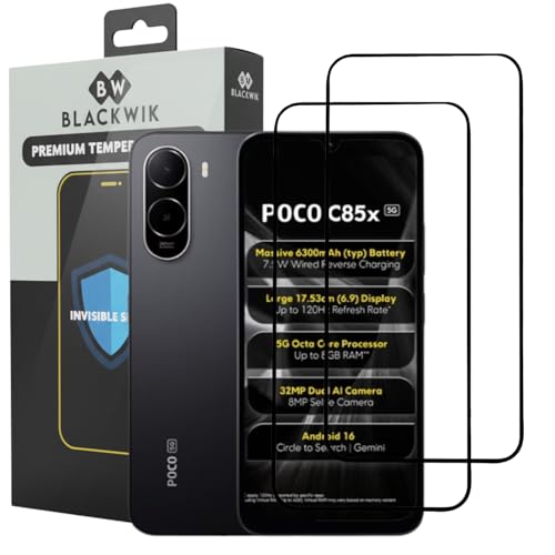 Image of Blackwik Premium Tempered Glass Screen Protector for Poco C85x with Edge-To-Edge Protector Coverage | Easy Installation Kit (Black) (Pack Of 2)