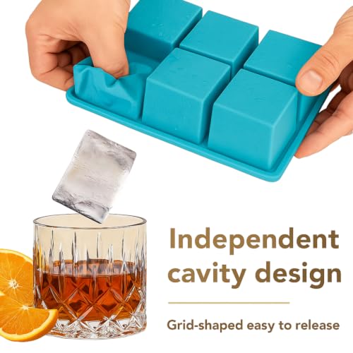 Image of Large Ice Cube Tray for Whiskey: Silicone Ice Cube Trays with Lid - 2Pack Big Square Old Fashioned Ice Cube Maker for Cocktail - 2inch Huge Cubed Ice Trays (Sky Blue)