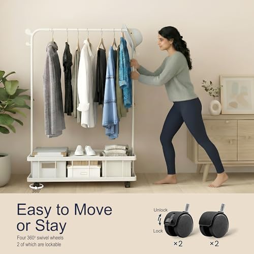 Image of Story@Home Freestanding Metal Clothes Hanging Stand with Wheels, Bottom Storage Shelf & Coat Hanger | Heavy-Duty Garment Rack for Bedroom, Laundry, Entryway & Living Room - White