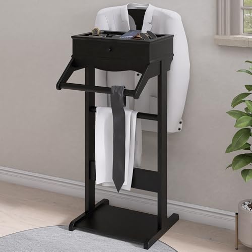 Image of Clothes Valet Stand for Men, Wooden Clothing Rack with Drawer, Hanger, Tray, Drawer, Rods, Women Garment Valet for Bedroom, Living Room, Entryway, Office, Black
