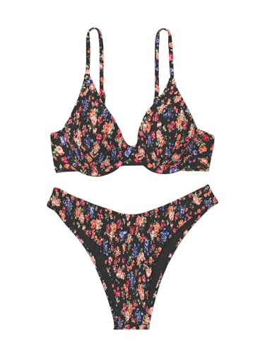 SweatyRocks Women's 2 Piece Bathing Suit Floral Print Tie Back Swimsuit Smocked High Cut Boho Bikini Set