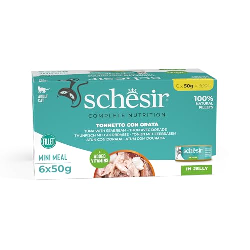 Schesir, Atún con Dorada en Gelatina, Alimento Húmedo para Gatos Adultos, en Lata, Filetes 100% Naturales, 6 x 50g
