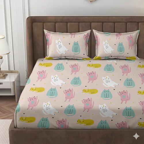 Image of DECOREZA Premium Cotton Feel Elastic Fitted Bedsheet Queen Size 60 x 78 Inch with 2 Pillow Covers | All-Around Elastic | Soft & Breathable | Mattress Upto 10 Inches (Cute Kitty)
