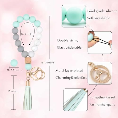 Image of BAOSIWA Silicone Key Ring Bracelet Wristlet Keychain Unique Beaded Bangle Key Chains for Women with Leather Tassel