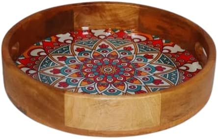 CraftHome® Rustic Wooden Serving Tray with Handle - Designer, Decorative Wooden Carved Ottoman Tray for Coffee,Tea, Drinks Serving with Handles-Rustic Home décor, Boho Décor Serving Tray (Red)