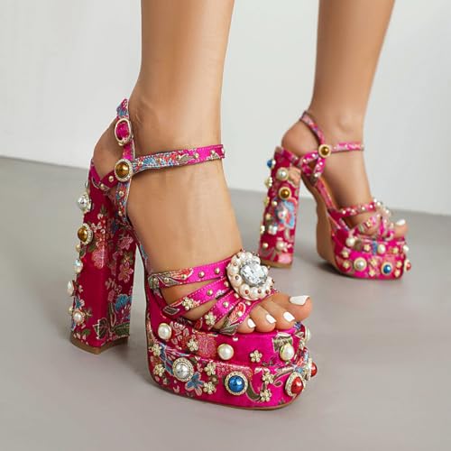 Image of Feinlina Rhinestone Platform Chunky Heels for Women Open Toe Ankle Strap Dress Pumps with Gems Green Pink Floral Print Embroidery Wedding Party Sandals
