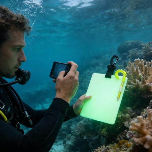 Pizarra de buceo luminosa portátil con bolígrafo y clip para comunicación submarina 2