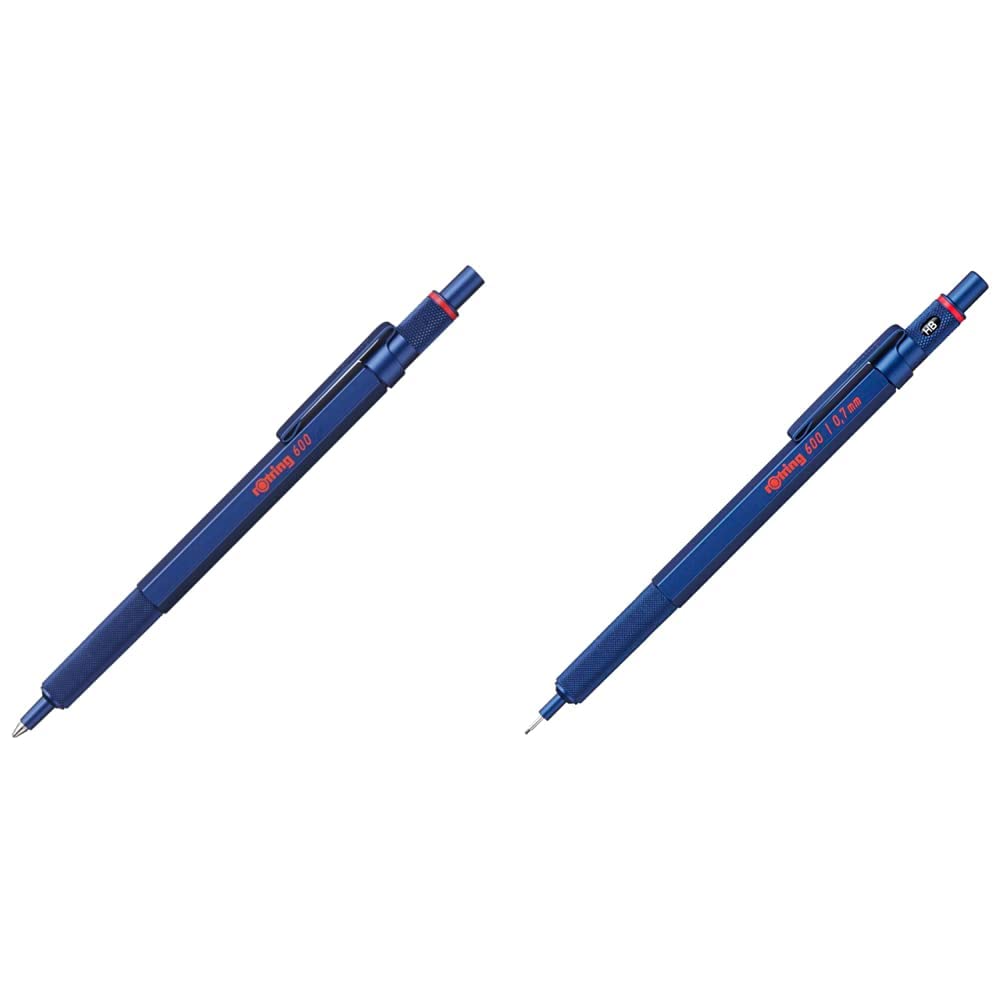 rOtring 600 Kugelschreiber | mittlere Spitze | Schwarze Tinte | Blauer Schaft | nachfüllbar & 600 Druckbleistift | 0,7 mm | Blau | Ergonomisches Vollmetallgehäuse