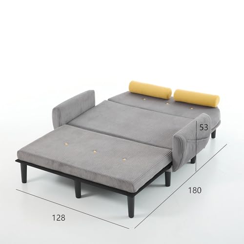 A ALFRESCOOL Sofa mit Schlaffunktion, Schlafsofa Klein, Cord Sofa 2 Sitzer, Kann als Sofa, Bett und Liegestuhl, Samtpolsterung für Wohnzimmer und Schlafzimmer, 180 * 128 * 53cm (Grau)