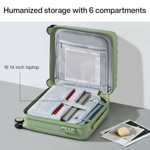 Image of Hanke 16 Inch Underseat Carry on Luggage with Wheels,Small Hard Shell Suitcases for Weekender,Travel Approved Lightweight Travel Luggage Suitcase for Womem Men,Bamboo Green.