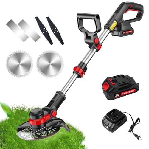 Cortasetos eléctrico recargable, cortador de césped manual retráctil con batería de 21 V y 3 tipos de cuchillas, adecuado para el hogar, pastoreo, con cepillo