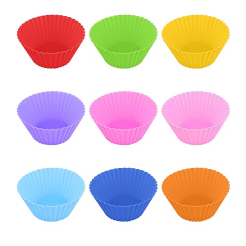 9 PCS Silicone Muffin Cupcake Cases DDUP 7cm Reusable Cupcake Molds Easy to Clean Non-Toxic Non-Stick for DIY Baking Bread Muffin Cakes Desserts Ice Cream Pudding Jelly Daily Use - Multi Colour