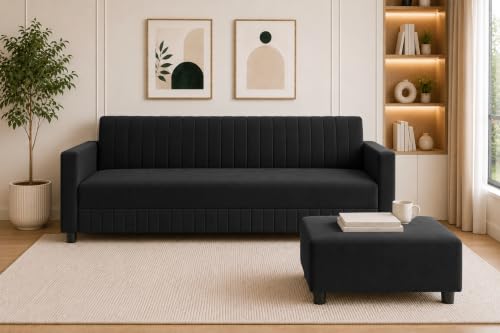 Image of Modern 3-Seater Velvet Sofa with Ottoman | Vertical Channel Tufted Backrest | Plush Cushioned Seating | Stylish Contemporary Sofa for Living Room, Bedroom & Office | Black
