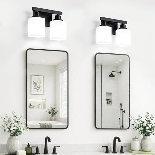 Image of 2 Light Bathroom Vanity Light,Matte Black Vanity Lights with Clear Glass,Bathroom Lighting Fixtures Over Mirror,Wall Light Fixtures for Living Room,Bedroom,Hallway(E26 Base)