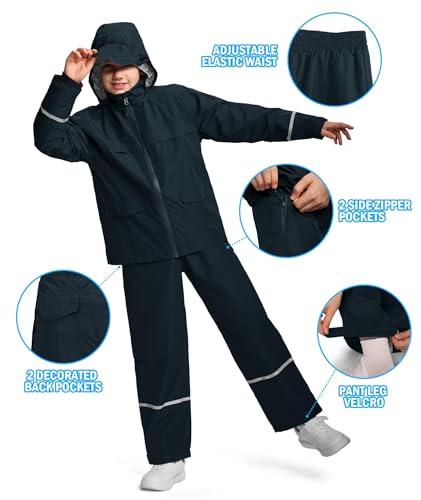 Image of Kids Rain Suit Jacket and Pants Set with Reflective Strips Adjustable Hood Flap Pocket for Boys Girls