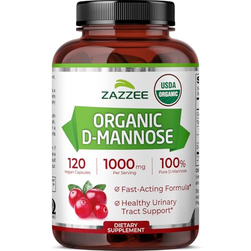 Zazzee USDA Organic D-Mannose 1000 mg Per Serving 120 Vegan Capsules 2 Month Supply Non-GMO Urinary Tract & Bladder Support Potent & Fast-Acting Lab Tested for Quality & Purity Made in USA