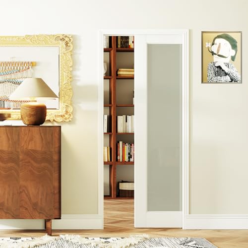 Image of 28 inch x 80 inch Sliding Pocket Door Kit, 1 Lite Frosted Glass Pantry Door with Panel and Frame, Interior & Closet Single Finished Door Slab, Interior Sliding Doors, White Primed