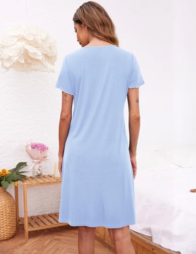 Image of Ekouaer Women's Nightshirt Short Sleeve Button Down Nightgown V-Neck Sleepwear Pajama Dress