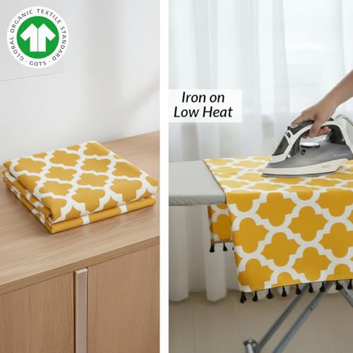 Image of HOMEMONDE Cotton Dining Table Cover 4 Seater 40 X 60 Inch Printed Center Rectangular Table Cloth with Decorative Fringes - (Yellow, 101 X 152 CM)