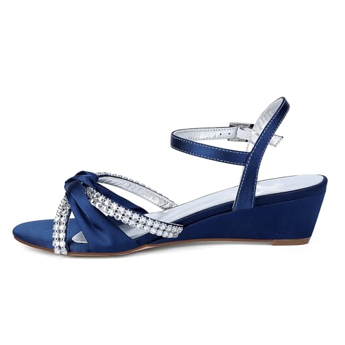 Women's Satin Wedge Sandals Rhinestone Bowknot Wedding Party Shoes with Crystal Ear stud3
