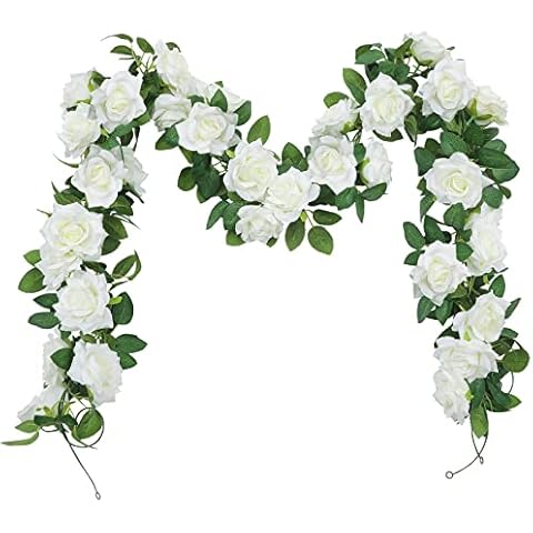 SHACOS 3PCS /19.6 Ft Rose Garland Artificial Flowers Vine Garland Hanging Decorations Fake Rose Flowers Garland for Wedding Home Garden Arch Hotel Party Decor - White Cover