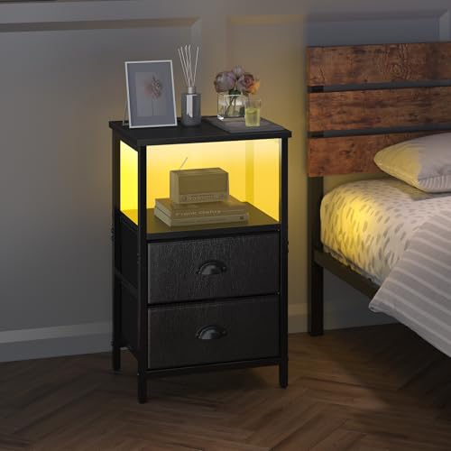 Image of sthmec Nightstand with Charging Station, Night Stand with 2 Fabric Drawers PU Finish, Bedside Table End Table with LED Light, 3-Tier Storage Side Table Nightstand with Drawers for Bedroom,Black