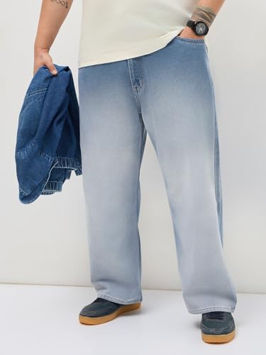 Image of Urbano Plus Men's Loose Baggy Fit Heavy Washed Faded Denim Jeans Non-Stretchable