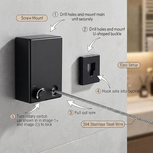 Image of Japanese Retractable Clothesline 4.2 Meter | Wall Mounted Clothes Drying Rope with Stainless Steel Wire, Rotary Lock & Smooth Retract System (Single Line Japanese Black)
