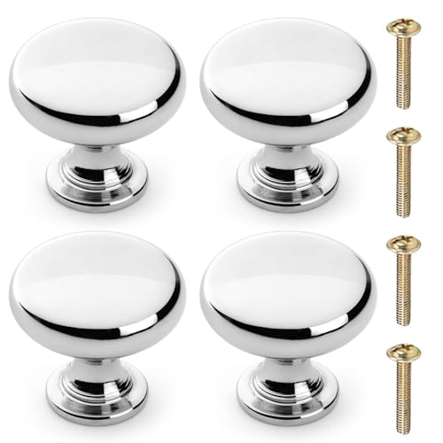 4 Pack Cabinet Door Knobs, Polished Chrome Round Mushroom Cupboard Handles with Screws - 30mm for Cabinet Wardrobe Drawer Bedroom Bathroom Racks Furniture Door Cabinet Handles, Sleek Silver Door Knobs
