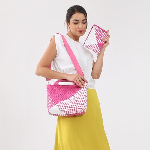 Image of Woven Bag for Women, Neoprene Tote Bag Summer Beach Handbag Purse Retro Handmade Travel Shoulder Bag Set