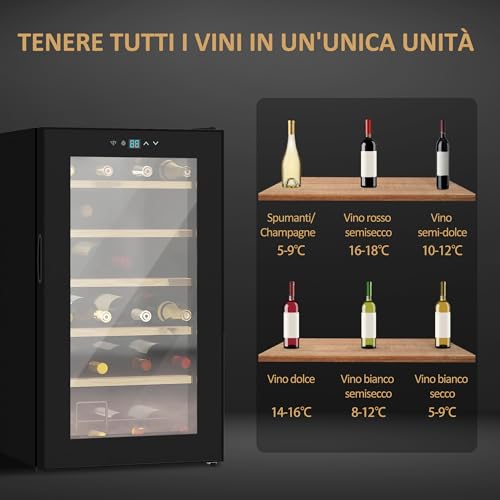 HOMCOM Cantinetta Vino Refrigerata 24 Bottiglie 65L Cantina Vino Silenziosa Temperatura Regolabile 5-20℃ Frigo Vino Bar con Vetro Anti UV, Ripiani, Compressore, Display Touch, Luci LED, Classe G, Nera - immagine 4