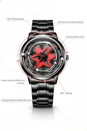 Image of Men's Quartz Watch with Rotating Alloy Wheel Dial | Car Wheel Watch for Men & Boys, Black Stainless Steel Bracelet, Hands Spinner Watch Design