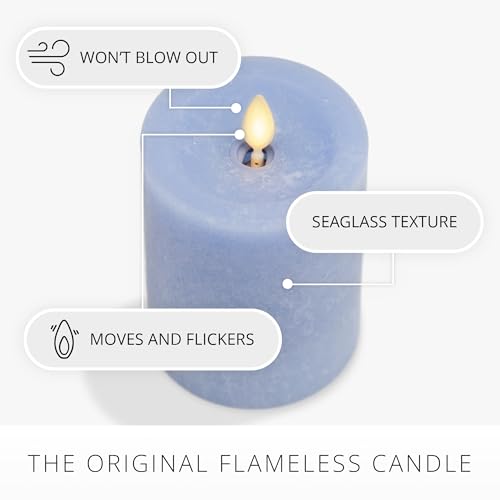 Image of Luminara Sea Glass Flameless Candle, Cornflower 3 inch x 6.5 inch, Moving LED Flame Pillar with Timer, Battery Operated, Real Wax, Unscented Home Decor