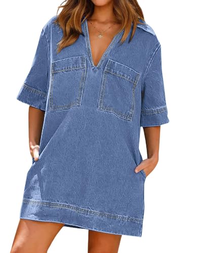 CHARTOU Women Loose Denim Dress Short Sleeve Casual Summer Dress Turn Down Pullover Vintage Tunic Jean Dress2