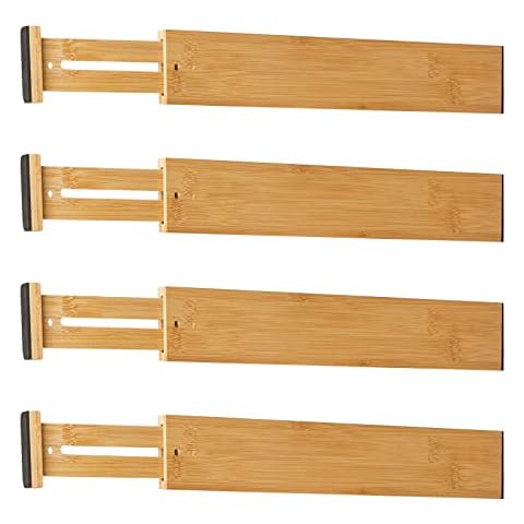 Schubladentrenner aus natürlichem Bambus Schubladenteiler Verstellbar (43-56 cm), gefedert Schubladen Ordnungssystem Drawer Organizer für Küche, Badezimmer, Schlafzimmer, Kommode und Büro, 4er-Set Cover