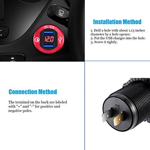 YONHAN Quick Charge 3.0 Dual USB Charger Socket, Waterproof Power Outlet Fast Charge with LED Voltmeter & Wire Fuse DIY Kit for 12V/24V Car Boat Marine ATV Bus Truck and More - Red - Thumbnail 5