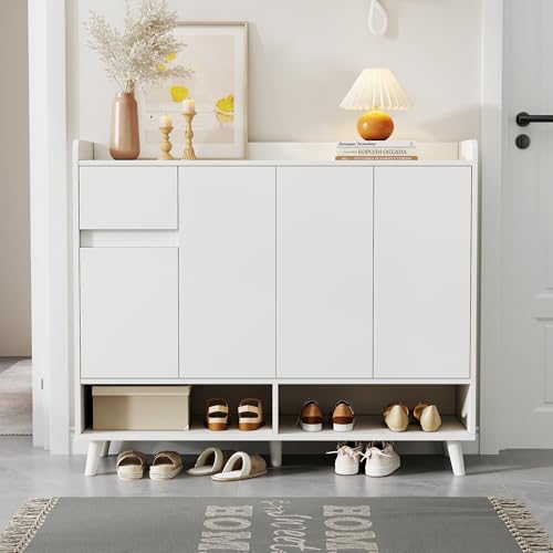 Aparador – Cómoda – Zapatero con gran espacio de almacenamiento, 4 puertas y 1 cajón con una estantería ajustable para comedor, salón o cocina, color blanco, 120 x 99 x 35 cm