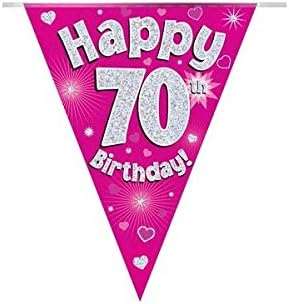 Happy 70th Birthday Pink Holographic Foil Party Bunting 3.9m Long 11 Flags
